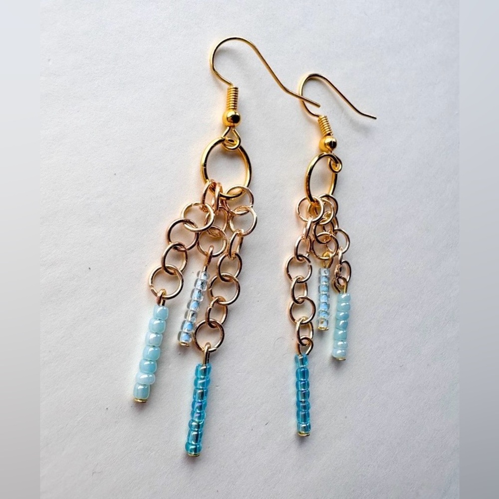 Gold and Blue Beaded Chain Earrings